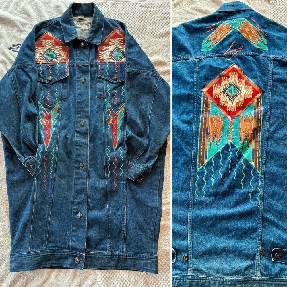 VTG BELMA - 80s Embellished Heavy Denim Trench Coat Jean Jacket Duster - Medium